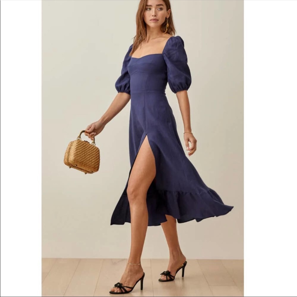 REFORMATION Belgium Linen Midi Dress in Danube 10